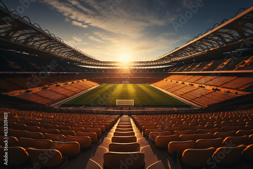 Golden Hour soccer stadium stadium in the evening with wide-angle view of the dynamic atmosphere of competing in an inspiring sport. Sports Concept. © cwa