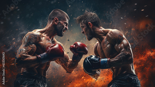MMA or Thai Boxing match, Two professional fighters punching or boxing, Fit muscular Caucasian athletes or boxers fighting, Sport competition and human emotions, Gym atmosphere background