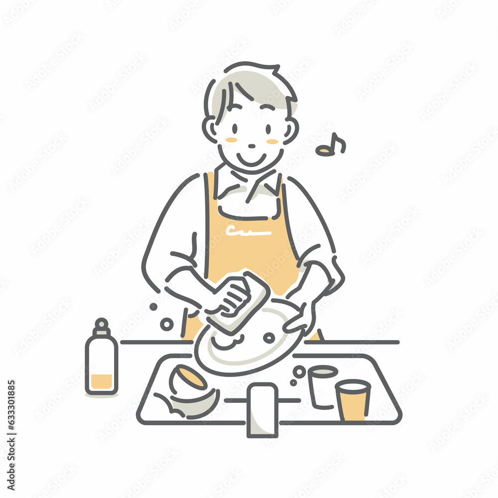 食事の洗い物をする若い男性　シンプルでお洒落な線画イラスト