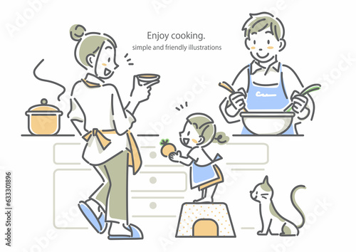 一緒に楽しく料理をする若い家族 シンプルでお洒落な線画イラスト