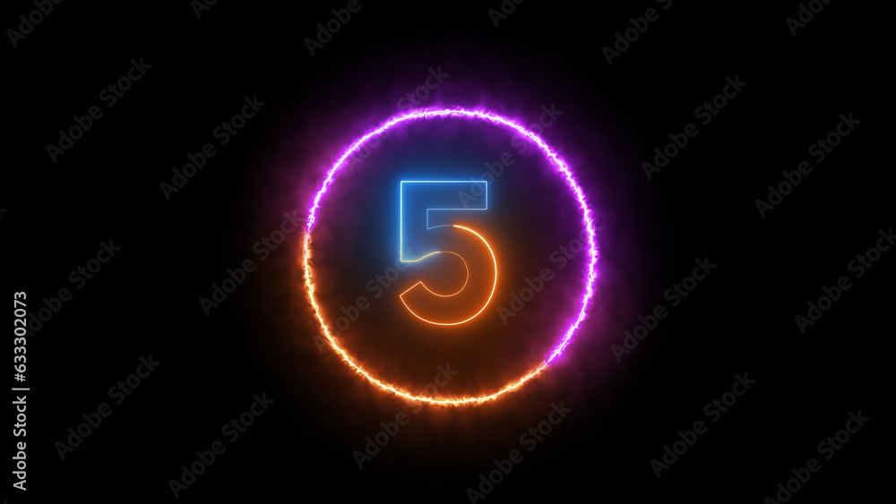 Number five glowing in the dark orange blue neon light Number five glowing in the dark orange blue neon light