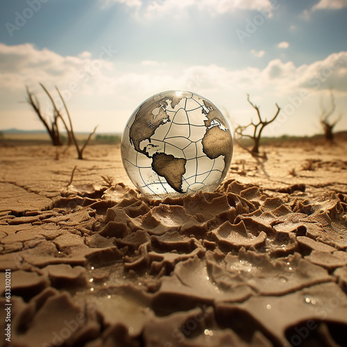 fragile planet over dry cracked agricultural field due to drought