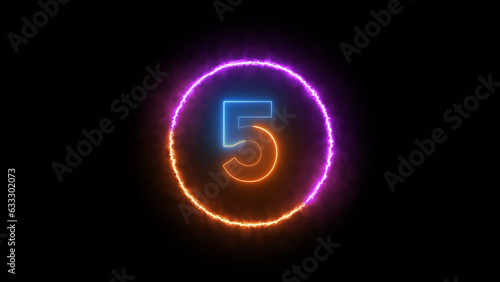 Number five glowing in the dark orange blue neon light