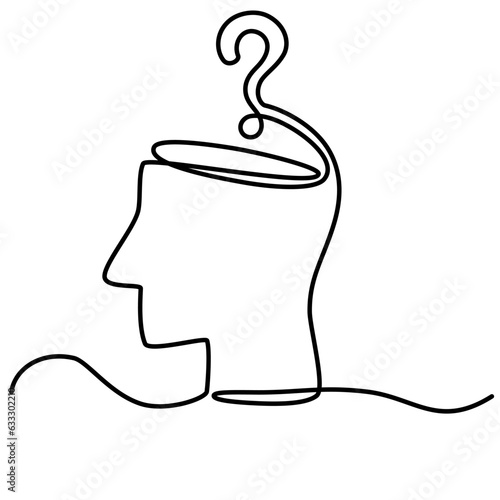 Human head with question mark inside in simple linear style. Concept of confused feelings in one continuous line drawing. Vector illustration for banner, brochure, poster, presentation