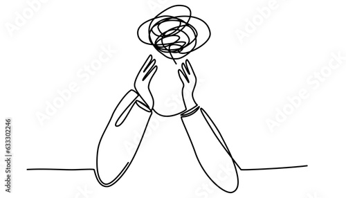 Continuous one line drawing of person with confused messy feelings worried about bad mental health. Work burnout and anxiety concept in simple linear style. Editable stroke. Vector illustration