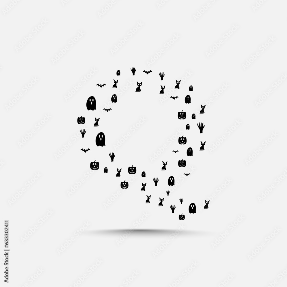 Halloween q-letter logo or icon template design with ghost, tree, pumpkin, bat, hand, and cat