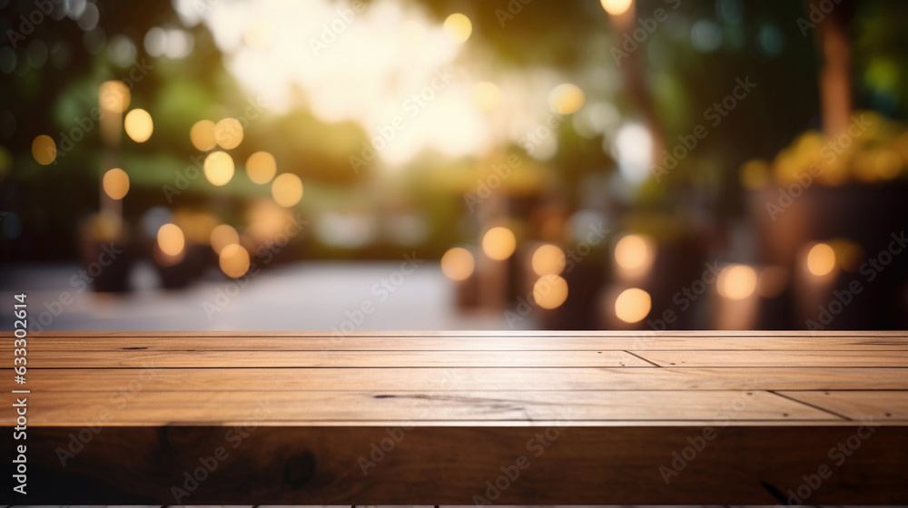 Empty wooden table top with blur garden background with bokeh for product display stage podium Empty wooden table top with blur garden background with bokeh for product display stage podium
