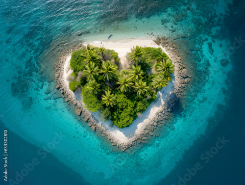 Tropical island in a heart shape viewed from above