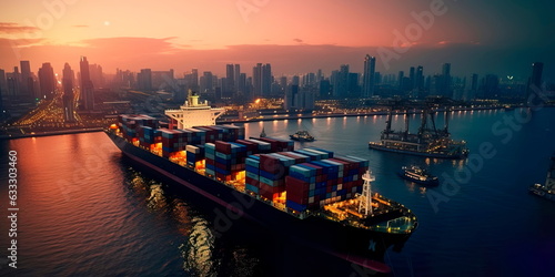 container ship entering a major port at dusk, with the city skyline in the background, symbolizing the urban integration of trade hubs. photo