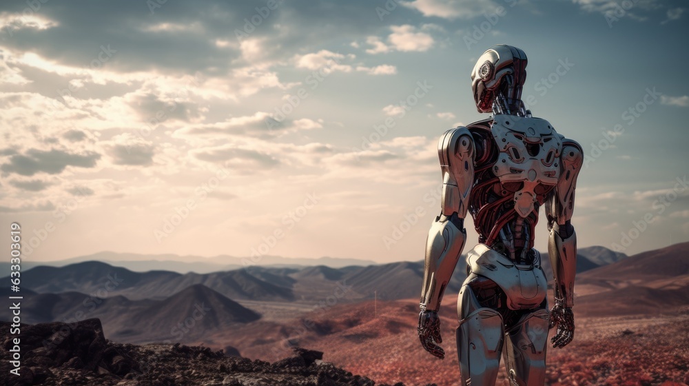 A humanoid robot exploring a barren landscape, showing AI's potential in space exploration. Generative AI