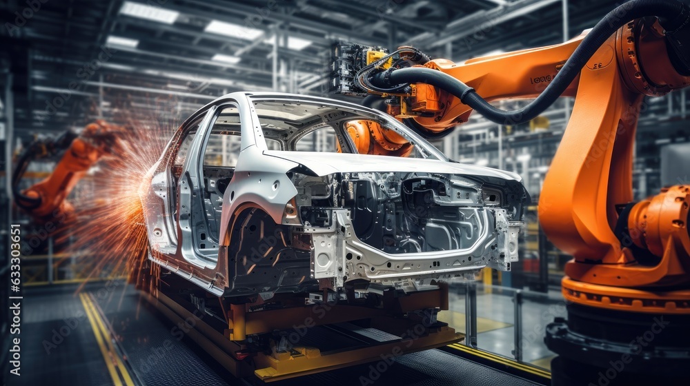 A robotic arm assembling a car in an automotive factory, showcasing industrial automation. Generative AI