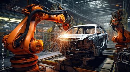 A robotic arm assembling a car in an automotive factory, showcasing industrial automation. Generative AI