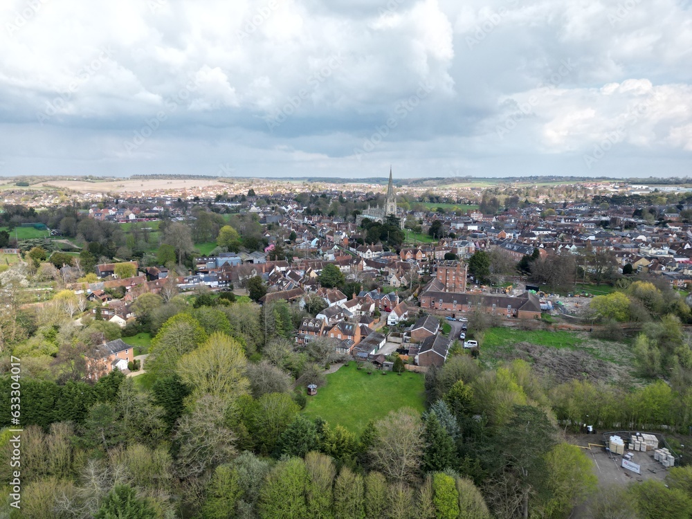 Establishing shot Saffron Walden market town in Essex UK drone Aerial