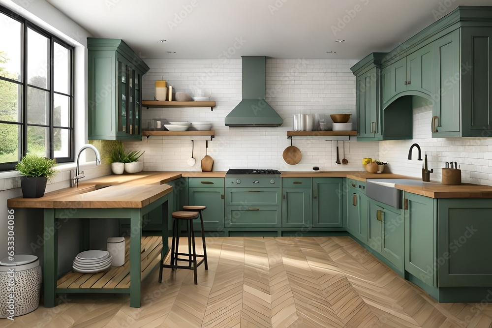 rustic kitchen with green cabinets, white sink windows and wooden counter top rustic kitchen with green cabinets, white sink windows and wooden counter top