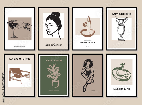 Abstract poster collection with woman silhouettes and flowers illustrations for modern art gallery
