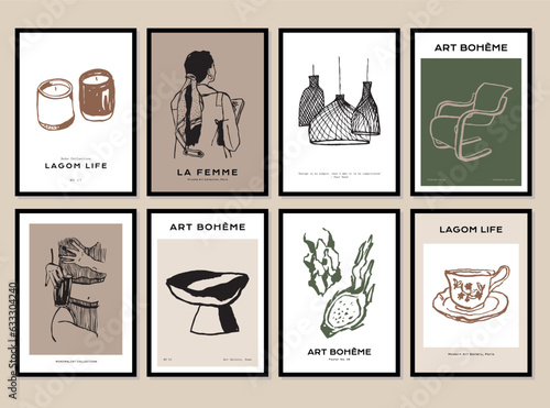 Abstract poster collection with woman silhouettes and flowers illustrations for modern art gallery