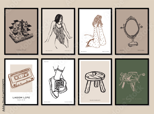 Abstract poster collection with woman silhouettes and flowers illustrations for modern art gallery
