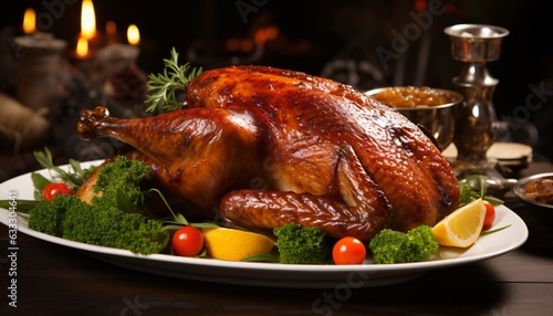 Delicious roasted turkey served on a festive table, Thanksgiving Day background, Generative AI