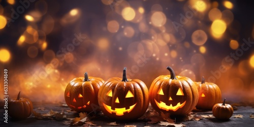 Halloween pumpkins with candlelight and bokeh background, generative ai