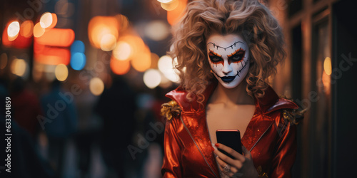 Smiling woman with spooky make-up using mobile phone on a celebration of halloween, Happy woman in costume halloween doing selfie using a smart phone, generative ai