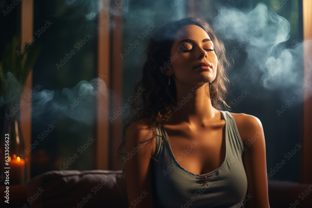 serene shot of a person engaged in meditative reflection while experiencing the calming effects of aromatherapy, deepening their connection 