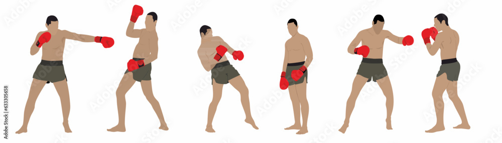 set of mixed martial art mma fighter. Muay thai, wrestling, jujitsu, kick boxing, taekwondo and boxing. Vector illustration