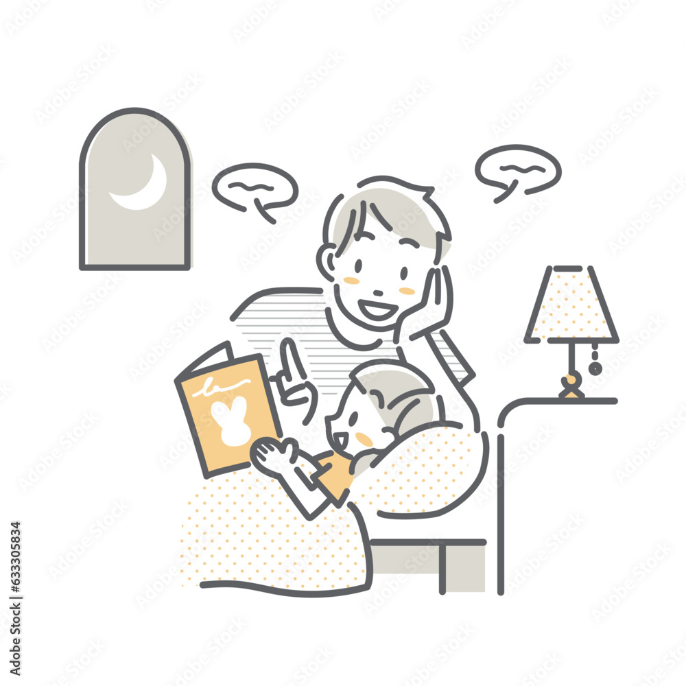 子どもが寝る前に本を読んであげる若いお父さん シンプルでお洒落な線画イラスト 子どもが寝る前に本を読んであげる若いお父さん シンプルでお洒落な線画イラスト