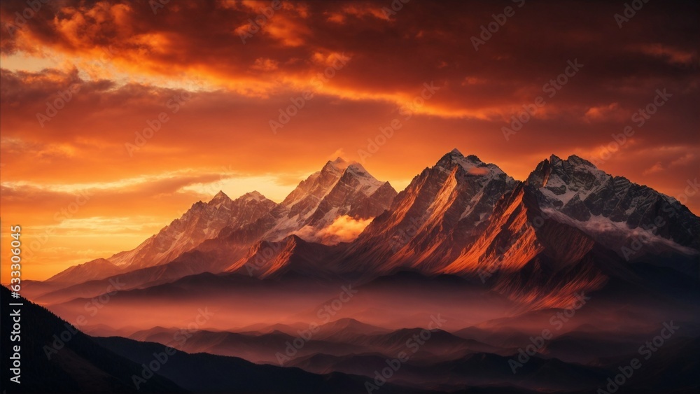 Sculpted peaks stand tall under an ardently orange sunset, nature's theater casting majestic mountains in a warm twilight embrace.