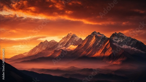 Sculpted peaks stand tall under an ardently orange sunset  nature s theater casting majestic mountains in a warm twilight embrace.