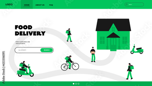 Food delivery home page. Food delivery characters illustration, food delivery driver, food delivery service.