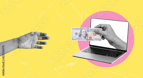 Artistic, contemporary art collage. A hand with dollars comes out of a notebook on a yellow background, the other hand reaches for the notebook.
