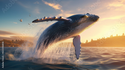 Humpback whale jumping out of the water at sunset. Generative AI © Sewupari Studio