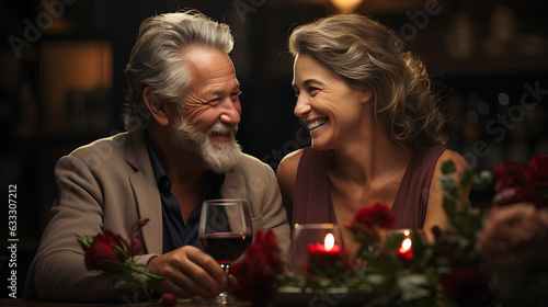 happy senior couple drinking red wine at romantic dinner party in night club