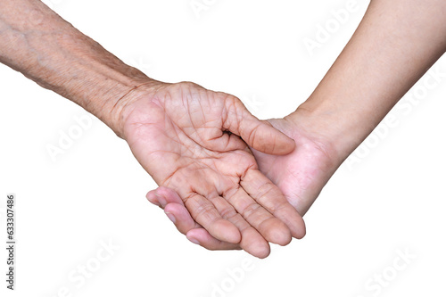 The daughter touches the senior mother's hand, comforting and calm, showing love and concern Young woman and elderly mother holding hands, trusting the relationship on a white background.