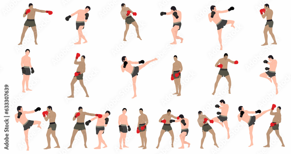 set of mixed martial art mma fighter. Muay thai, wrestling, jujitsu, kick boxing, taekwondo and boxing. Vector illustration set of mixed martial art mma fighter. Muay thai, wrestling, jujitsu, kick boxing, taekwondo and boxing. Vector illustration
