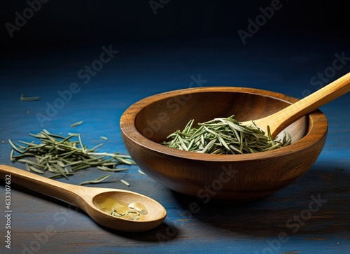 thyme essential oil and Heap of dry thyme in wooden spoon or shovel on wooden background. Dried spice zahter thyme and oil concept. Created with Generative AI technology. photo