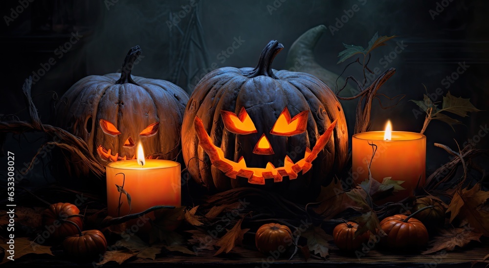 Fototapeta premium Jack lantern in autumn forest. Night in the forest. Dry autumn leaves. Burning candles. Halloween background.