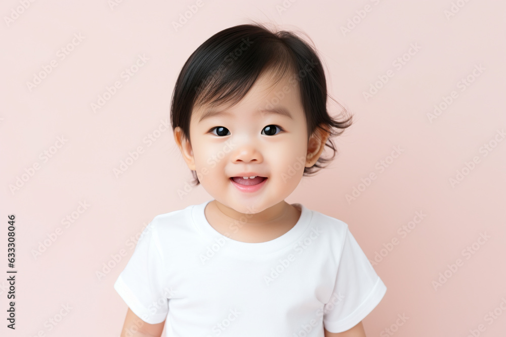 design mockup: Asian baby studio portrait in a white t-shirt on a neutral background design mockup: Asian baby studio portrait in a white t-shirt on a neutral background