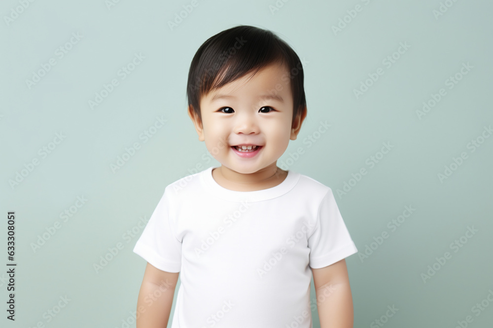 design mockup: Asian baby studio portrait in a white t-shirt on a neutral background design mockup: Asian baby studio portrait in a white t-shirt on a neutral background