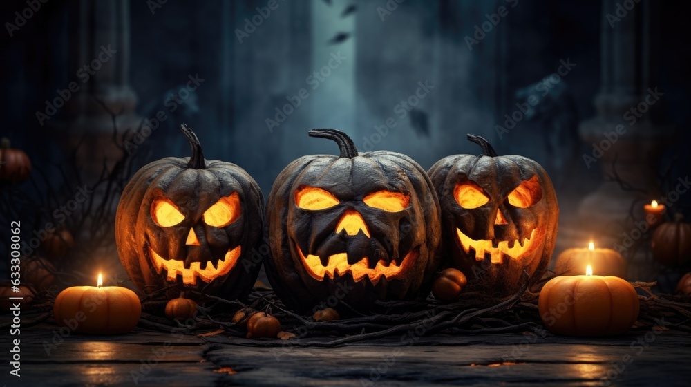Fototapeta premium Jack lantern in autumn forest. Night in the forest. Dry autumn leaves. Burning candles. Halloween background.