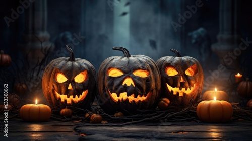 Jack lantern in autumn forest. Night in the forest. Dry autumn leaves. Burning candles. Halloween background.