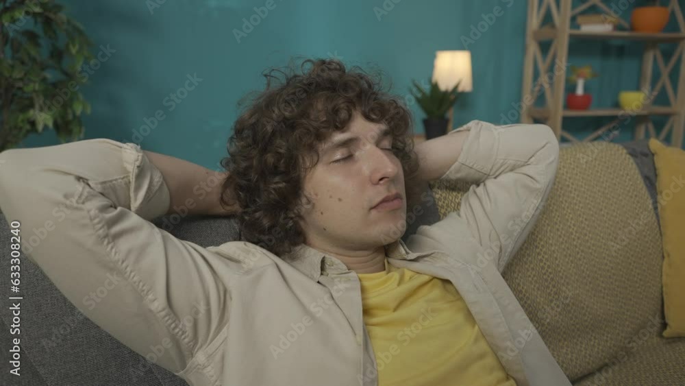 Young man in casual clothing, sitting on the sofa in the living room taking a nap during the day HDR BT2020 HLG Material. Young man in casual clothing, sitting on the sofa in the living room taking a nap during the day HDR BT2020 HLG Material.