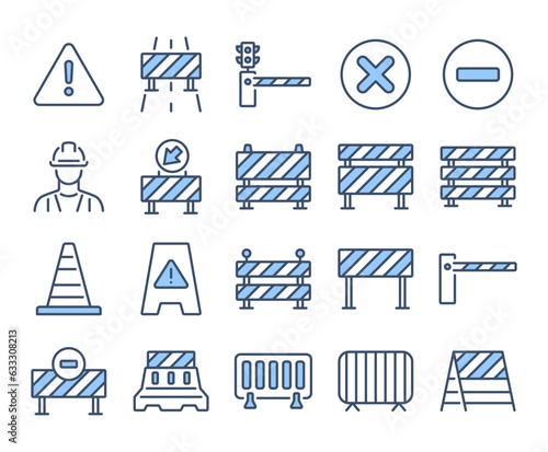 Road block and pedestrian barrier blue editable stroke thin linear outline icons set isolated on white background flat vector illustration. Pixel perfect. 64 x 64..