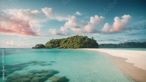 Idyllic haven: crystal-clear waters embrace a vibrant sky over a lush tropical beach, where nature's serenity and colors unite.