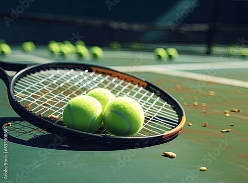 Yellow tennis ball and racket lie on the clay court close up. Created with Generative AI technology. © lililia