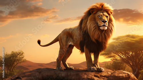 Majestic lion standing on the savanna. Generative AI