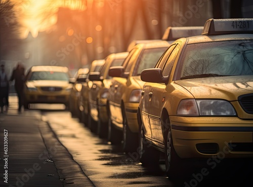 Fototapete Photo of several yellow taxi on street in summer afternoon