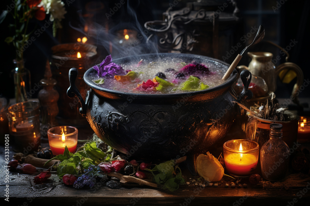 captivating photo of a witch's cauldron filled with bubbling potions and an array of mystical ingredients, exuding magical allure captivating photo of a witch's cauldron filled with bubbling potions and an array of mystical ingredients, exuding magical allure