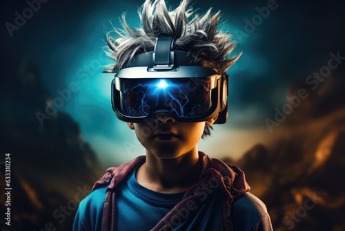 Boy wearing virtual reality headset. VR goggles innovation technology. Generative AI