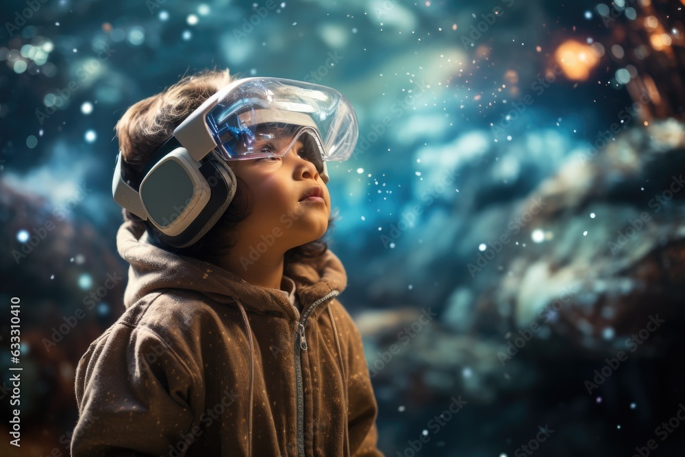 Boy wearing virtual reality headset. VR goggles innovation technology. Generative AI Boy wearing virtual reality headset. VR goggles innovation technology. Generative AI